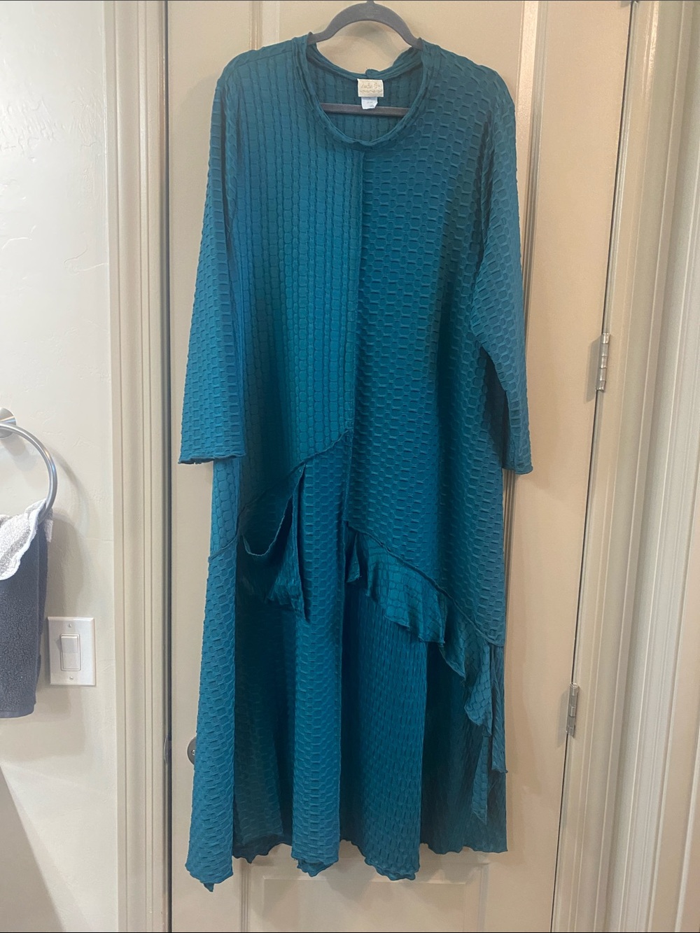 Textured Teal Maxi Dress with Asymmetric Ruffle - Women